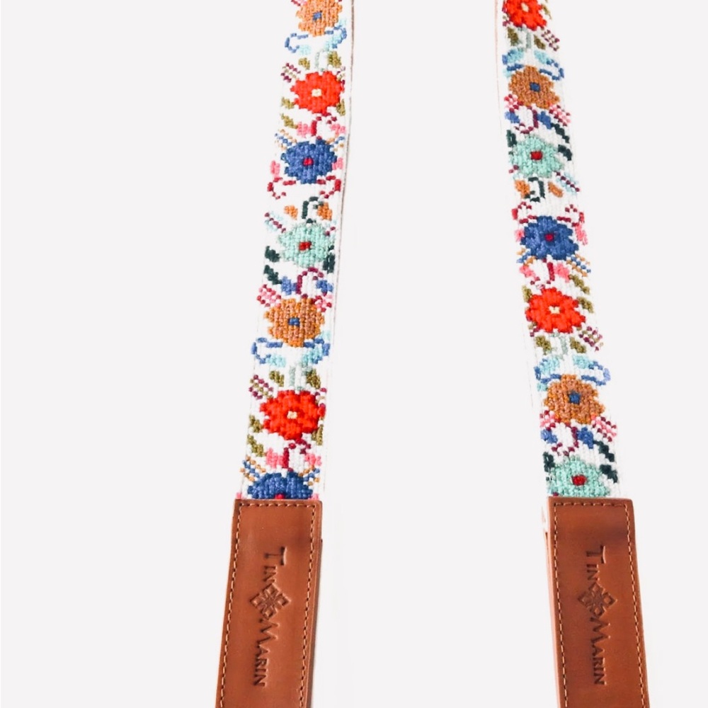 MAI WOVEN BAG STRAP - FLOWERS BRIGHT WITH TAN LEATHER